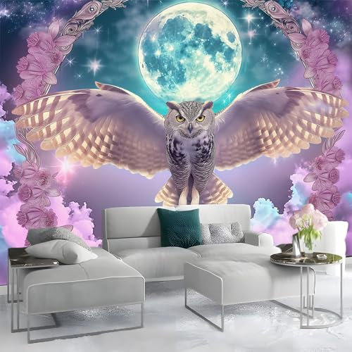 Fototapete 200x140cm Eule Tier Mond Blumen 3D Effekt Hochwertige XXL Moderne Wanddeko Tapete, Lila Vlies Tapete Wandbild für Wohnzimmer Schlafzimmer Büro