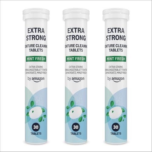 by Amazon Extra Starke Prothesen-Reinigungstabletten – 3 Packungen mit 30 Tabletten, Frische Minze