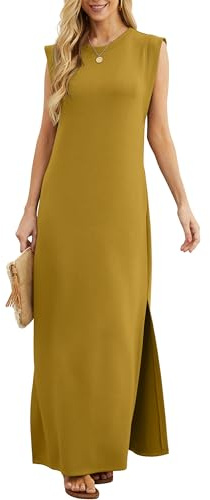 GRECERELLE Summer Maxi Dress Wedding Guest Maternity Party Casual Shirt Elegant Sleeveless Dresses for Ladies with Split and Pockets (Ginger,M)