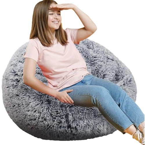Fluffy Bean Bag Chair, 3FT Round Foam Filled Bean Bag for Teens & Kids, Ultra Soft Faux Fur Fabric Bean Bag Chairs for Playroom, Living Room, Bedroom, Gray