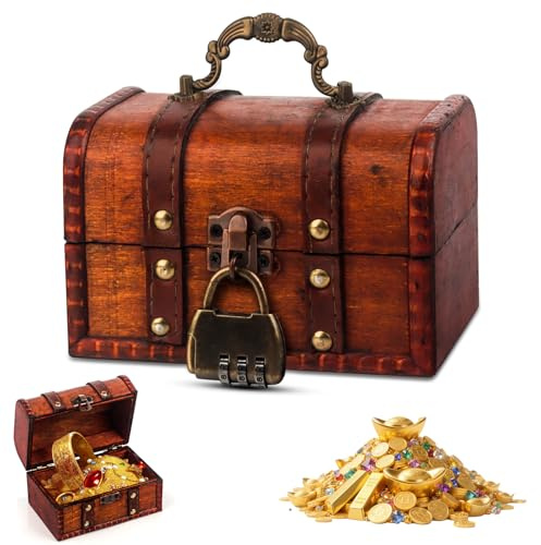 LjFrexia Vintage Holz Schatztruhe Klein, Braun Schatzkiste mit Zahlenschloss, Piratenschatztruhe, Retro Holztruhe für Aufbewahrung, Kinder Lagerung Schmuckkästchen für Aufbewahrung und Dekoration