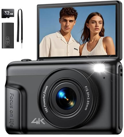 Digitalkamera 4K Fotokamera 64MP Kamera: Vlogging Fotoapparat für Videos mit 3 Klapp-Bildschirm Tragbare Batterie Kompaktkamera mit 16X Digitalzoom 32GB Karte für Kinder Anfänger Studenten Schwarz