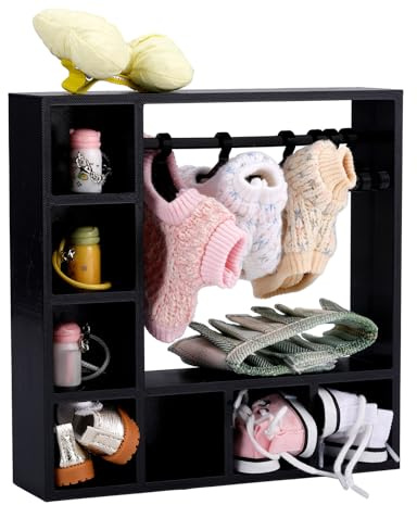 Armoire de Poupée et 10pcs cintres, Armoire Rangement pour Vêtements Poupée 15/17cm Rangement avec Tringle Suspension (Noire)
