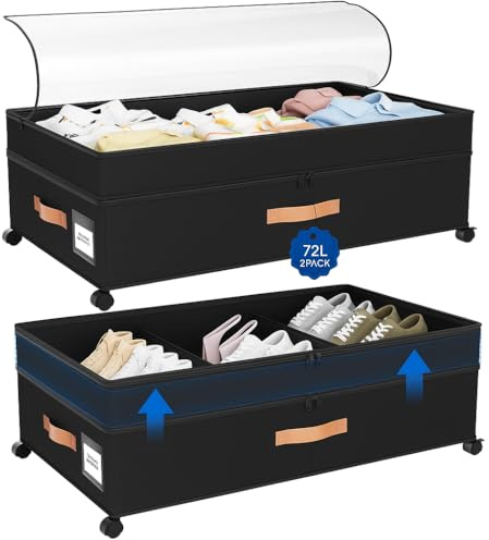 Cassetti portaoggetti sotto il letto su ruote, confezione da 2 cassetti da 72 l, regolabili, altezza 25,4 cm, organizer per armadio con coperchio, grandi scatole sotto il letto per vestiti, scarpe