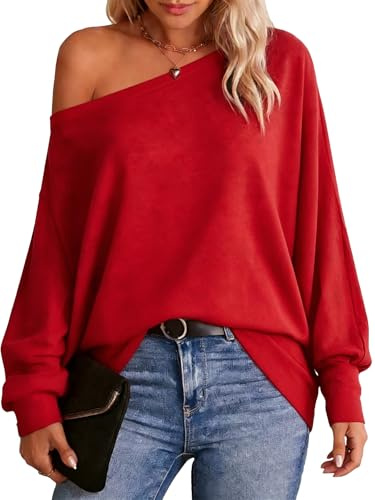Dressmine Off The Shoulder Tops for Women Jumper Batwing Loose T Shirts | Oversized Tee,Autumn Fashion Clothes,Tunic Top,Bardot ,Sexy,Going Out,Stretchy,Lightweight