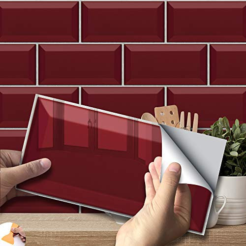 Hiser 27pcs Kitchen Bathroom Marble Wall Tile Stickers, DIY Rectangle Bricks Style Decals Sticker for Kitchen Living Room Bathroom Home Decor Self-Adhesive (Red,7.9 x 4 in)