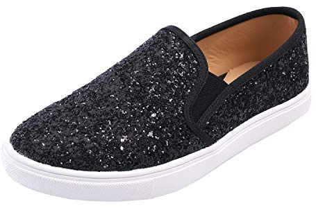 Feversole Damskor, slip-ons, träningsskor, vardagliga platta loafers, skate-pumps, sneakers, skor i EU-storlek 36–41 (UK-storlek 3,5–7), Svart glitter, 37 EU