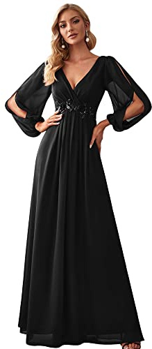 Ever-Pretty Robe Mère de Mariée Grande Taille Femme Longue Manche Longue Col V en Mousseline Applique Plissé Noir 40