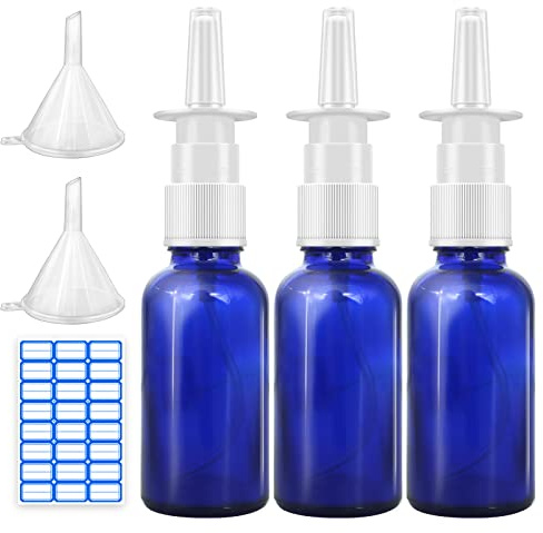 Cupohus Nasal Spray Bottle, 3 Pcs 30ML/1oz Cobalt Blue Glass Refillable Fine Mist Sprayers Atomizers, Travel Sized, Empty Nasal Sprayer with Funnels and Labels