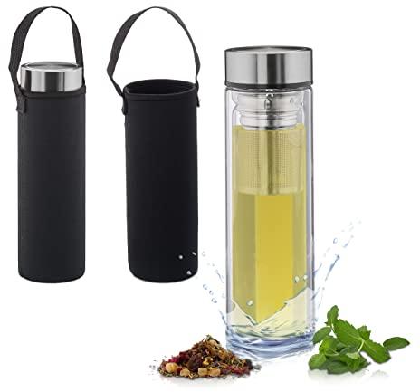 Relaxdays Set 2 Cantimploras 450ml con Colador Té, Botella Reutilizable, Bebidas Frías y Calientes, Funda, Vidrio, Transparente