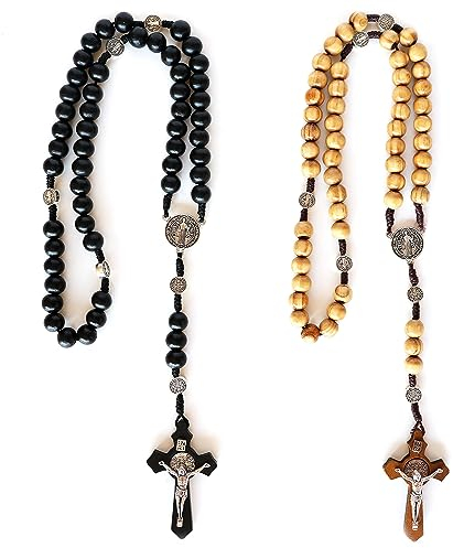 2x Oliven Holz Rosenkranz Katholisch mit Schwarzem Finish und Teak | Rosenkranz Kette Holzperlen Handgemachte | Rosenkranz Armband Kreuz für Männer und Frauen | Rosenkranz Holz | Rosenkranz Auto