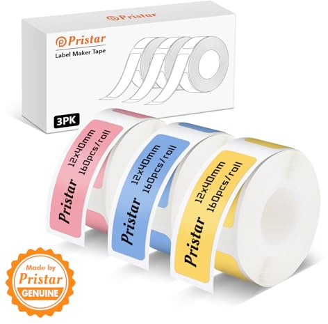 Etiquetas Pristar P15, 3 Rollos 12mm x 40mm, Cinta de Etiquetas Térmicas Autoadhesivas, Compatible con La Rotuladora P15, Rosa + Amarillo + Azul, 160 Etiquetas/Rollo