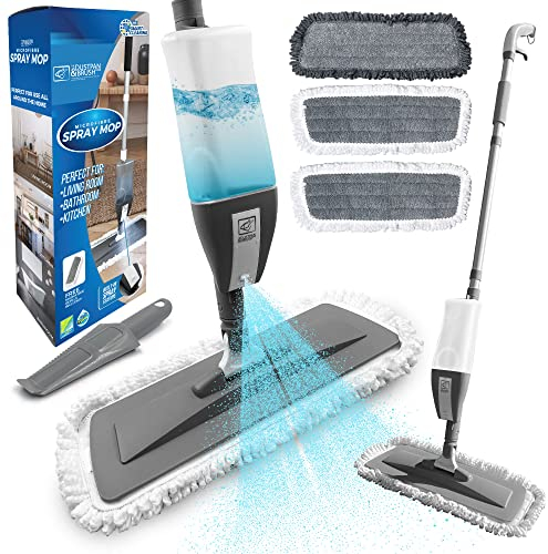 Microfibre Floor Spray Mop Dry Wet Mop Kitchen Floor Cleaning 360° Swivel Head Suitable for Cleaning Tile Laminate Hardwood Ceramic with 3 Replacement Pads, 600ML Refillable Bottle & 1 Scraper