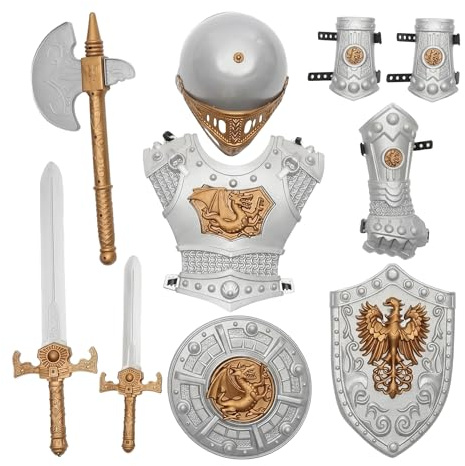 Alipis Kids Knight Armor Play Set – Helmet, Chest Plate, Sword, Axe, Shield & Arm Guards – Pretend Role-Play Medieval Knight Costume for Boys & Girls
