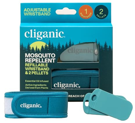 Cliganic Mosquito Repellent Pack (Wristband + 2 Refill Pellets) - Adjustable, Natural DEET-Free, Essential Oil Infused