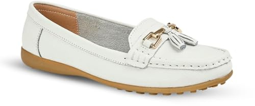 Ladies Loafers Flats Wide Leather Tassle Cushioned Casual Slip On Womens Nautical Boat Comfort Shoes (White, UK Footwear Size System, Adult, Women, Numeric, Wide, 7)