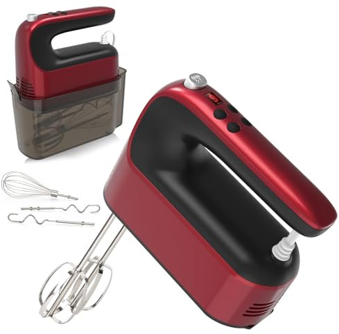 Yomelo 9-Speed Digital Hand Mixer Electric, 400W Powerful DC Motor, Hand Mixer Electric Handheld with Snap-On Storage Case, 5 Stainless Steel Accessories, Beaters, Dough Hooks, Whisk(Red)