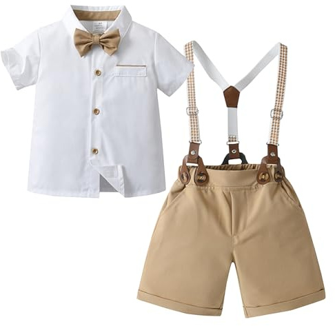Yimutian Ensemble Baptême Mariage Cérémonie Bébé Garçon 4 pièces Costume Manches Courtes Chemise + Shorts + Bretelles + Noeud Papillon pour Enfants Kaki_2 2-3 ans