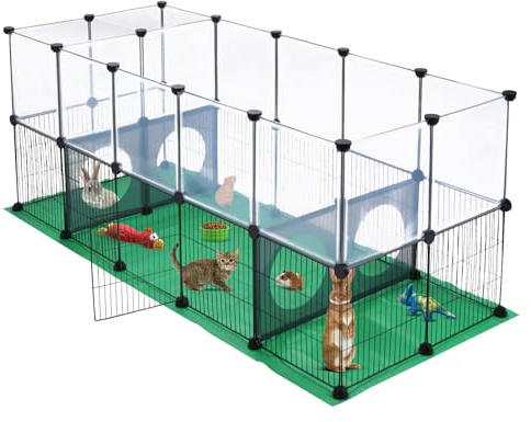 JUNGLE STONE Rabbit Playpen, Guinea Pig Cage, One Door Design for Small Animal, Bunny, Puppy, Kitten, Hedgehog, DIY, Expanded,Exercise Fence with Mat, 153 x 64 x 64cm (36 Panels)