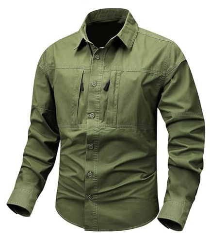 Camicia da uomo a maniche lunghe, vestibilità normale, senza stiratura, per il tempo libero, con bottoni e tasche con cerniera, elasticizzata, a maniche lunghe, traspirante, da uomo, da caccia, verde,