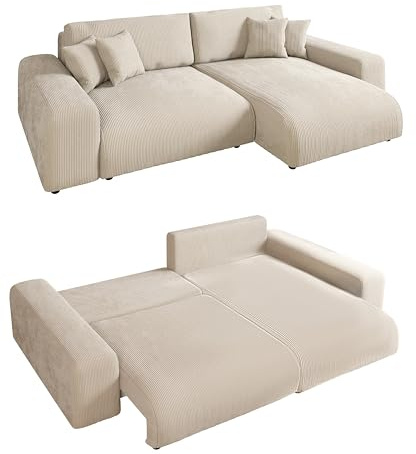 Modernes Cord Ecksofa B255/H165/T84 cm mit Schlaffunktion und Bettkasten, Wellenunterfederung, L-Couch links oder rechts montierbar, Liegefläche 148x196 cm, Cord-Bezug in Beige / 21001