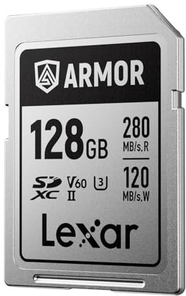 Lexar Armor Silver PRO SD Karte 128GB, UHS-II SD Speicherkarte, Edelstahl, C10, U3, V60, 6K UHD-Video, bis zu 280 MB/s Lesen, 120 MB/s Schreiben, SDXC-Karte für DSLR/Kamera/Fotografen/Videofilmer