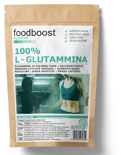 L - Glutammina pura in polvere 500 g foodboost - Ø additivi - con dosatore - per aumento massa muscolare, per sostenere recupero fisico, pre workout, post workout