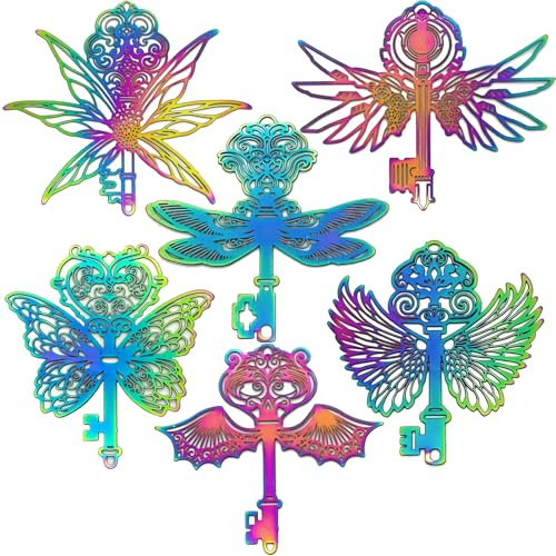 COLIGREE 12pcs Flying Key Charms Hollow Skeleton Keys Stainless Steel Metal Pendants Winged Key Connectors for DIY Earrings Necklaces Hanging Decorations Bookmarks Jewelry Making (Multicolor)