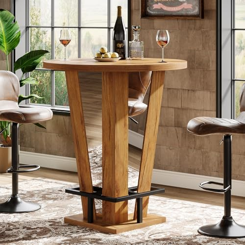 Tribesigns Round Bar Table, 39.4 H High Top Cocktail Bistro Pub Table with Metal Footrest for Living Room, Small Space, Brown