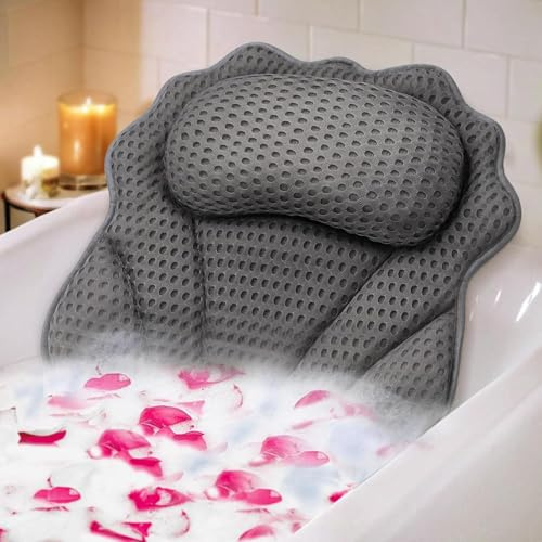 ECOVIRA Ergonomic Luxury Bath Pillow – 4D AirMesh Bath Pillows for Tub with Head, Neck, Shoulder & Back Support – 6 Strong Suction Cups – Fits All Bathtubs – Quick Drying, Machine Washable (Grey)
