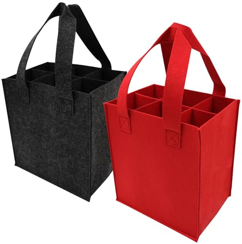 Fahibin 2 stycken flaskpåsar av filt 6 flaskor, vinflaskväska, vikbar flaskväska med skiljeväggar, 6 fack bärväska för vin, drycker, vinflaskor, flaska grå och röd