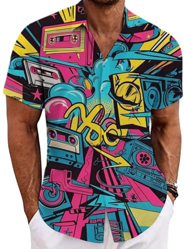 Chemise hawaïenne pour homme - Colorée - Graffiti - Chemise des années 80 et 90 - Chemise de loisirs - Vintage - Néon - Chemises de plage - Costume hippie - Coupe droite - Chemises d'extérieur légère