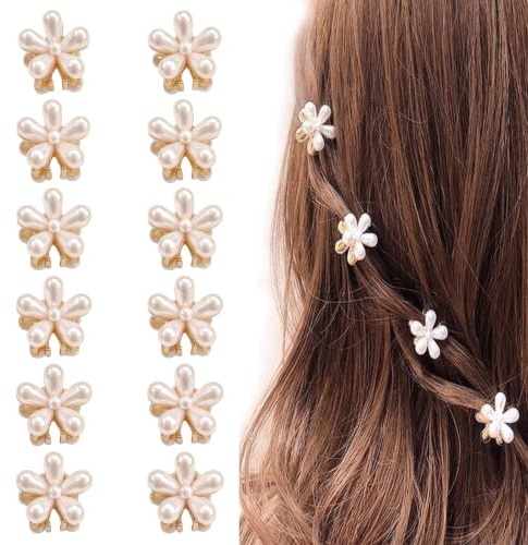 Bekecidi Pince cheveux Mini Fleurs Perles 2.1x2.1cm Lot de 12 Pièces | Perles imitation, klip cheveux pratique, accessoire coiffure, femme fille, quotidien, sortie, coiffure décontractée