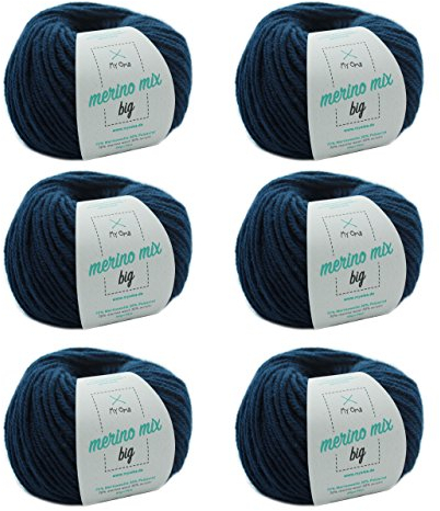 MyOma Strickgarn Merinowolle - Merinogarn Jeans (Fb 3850) - 6 Knäuel Blaues Garn - Dicke Wolle - Nadelstärke 6-7mm - Lauflänge 50g/75m - Weiche Merinowolle Zum Stricken