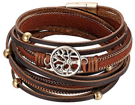 Flongo Damenarmband Frauen Armband Damen Lederarmband, Metall Leder Armband Armreif Geflochten Lederband Baum des Lebens Tree of Life Braun Surfer Wickelarmband