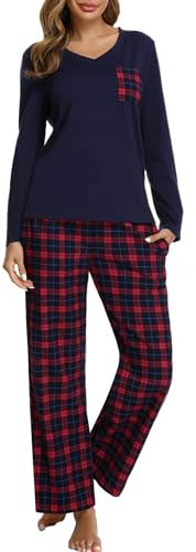 iClosam Women's Pyjamas Set Cotton V-Neck Tops and Plaid Pyjama Bottoms Red