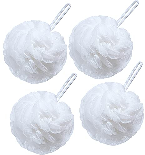 VANZAVANZU Badeluffa-Schwamm, 80 g, großer Duschschwamm, aus Netzmaterial, Körper-Peeling-Schwamm, für Damen und Herren, 4 Stück, Weiß
