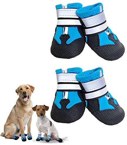 Dricar Bottes Chien, Ensemble de 4 Chaussures pour Chiens Antidérapant, Bottes de Protection pour Chien Imperméable pour Chiens de Taille Moyenne et Grande (M, Bleu)