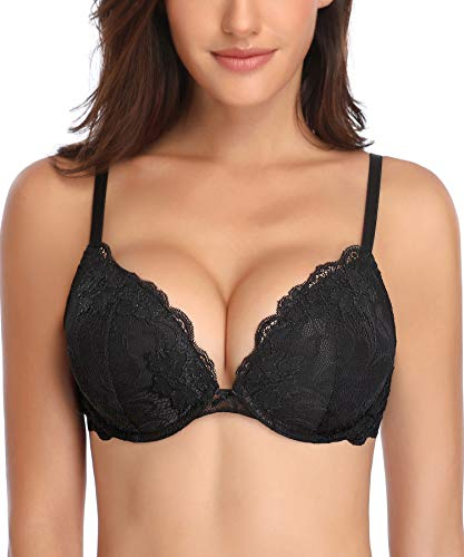 Deyllo Women's Push Up Lace Bra Sexy Deep V Lift Up Bra Underwire Padded Comfort Everyday Bra(Black,32B)