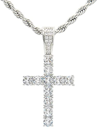 KONFEN Cross Necklace for Men Women, Stainless Steel Cross Pendant Chain 60cm with Cubic Zirconia, Mens Big Crucifix Necklaces Hip Hop Punk Birthday Jewelry Gift for Man Women for Boys Girls (Silver)