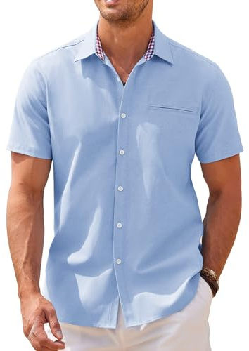 COOFANDY Herrskjortor kortärmad Oxford-skjortor vardaglig sommarskjorta affärer Chambray skjorta lätt rutig krage skjorta bomullsskjorta, Chambray, M
