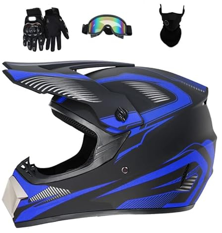 HaTur Motocross Helm Motorrad Helm DOT Downhill Fullface Helm Unisex Jugend Renn Motocross Fahrradhelm Off Road Dirt Bike Helm mit Handschuhen Brille Maske (Blau, M)