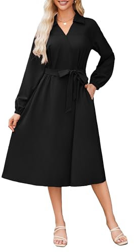 GRACE KARIN Damen Midikleid Lange Ärmel Blusenkleid Mit Taschen Freizeitkleid Mit V-Ausschnitt Schwarz M