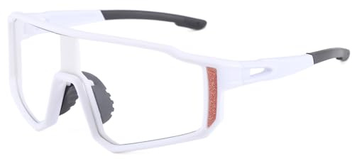 Long Keeper Lunette de Cyclisme Photochromique Lunette de Soleil Sport UV400 Coupe Vent Lunette de Velo de Route Course à Pied Transparente pour Femme Homme (Blanc)