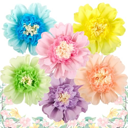 PATTEPOINT 6PCS Pastel Paper Flowers Decorations Colorful Giant 12'' Crepe Tissue Paper Flowers Decorations Large Flowers for Wedding Birthday Baby Shower Classroom Wall Decor Supplies