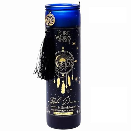 LivuX Manifestationsljus Boho Dreams 80 timmar – Glas med tofs, 20 x 5,5 cm, handgjutet av soja- och palmvax, eteriska oljor, lugnande myrra och sandelträdoft, dekoration och ritualljus 300 g 1255