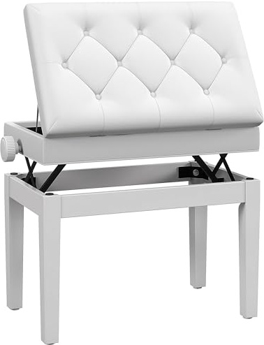 HOMCOM Panca per pianoforte Panca per pianoforte con altezza regolabile da 48 a 58 cm Spazio di archiviazione Gambe in legno Sgabello per tastiera Bianco Sgabello per tastiera imbottito
