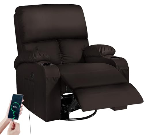 Silla mecedora con función de relajación, sillón de masaje con vibración y calor, puertos USB y tipo C, silla giratoria de piel sintética de 360°, para salón, habitación de los niños, marrón