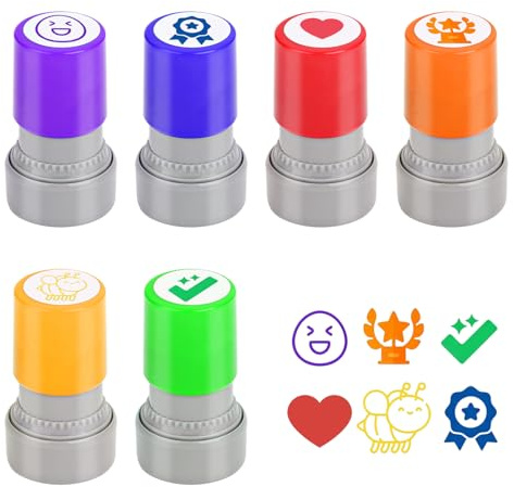Tampon Encreur Enseignant 6pcs, Tampon Auto Encreur 6 Motifs pour Professeurs Tampons de Motivation à Récompense Personnalisé pour les Devoirs des Enfants (Smiley Coche Abeille Couronne Médaille Cœur)