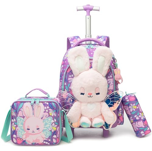 HTgroce Mochila con Ruedas Niña Conejo – Set 3 Piezas Trolley Escolar Primaria – Mochila con Carro Ergonómica – Regalo Vuelta al Cole
